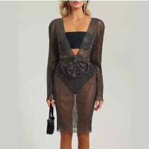 Black crystal metal mesh large flower embellished midi dress